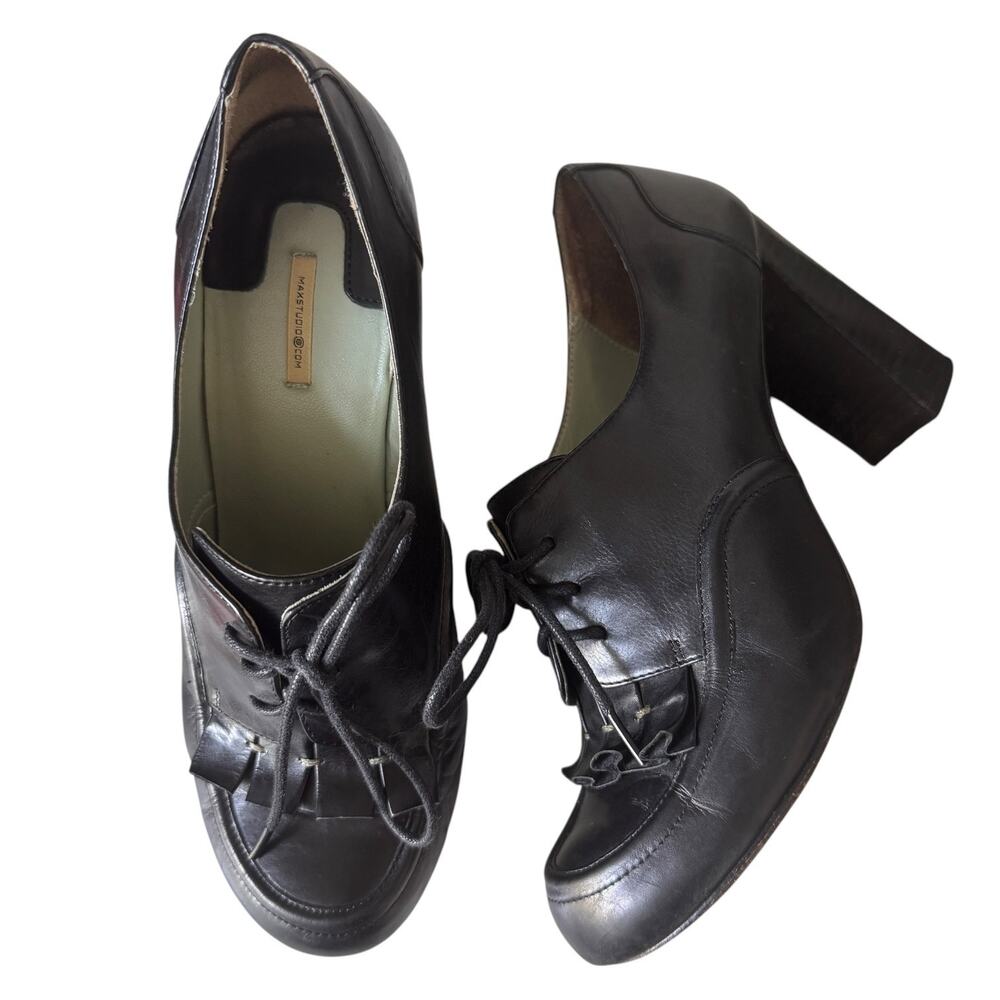 Y2K Max Studio Black Leather Kiltie Lace-Up Block Heel Pumps Size 8M